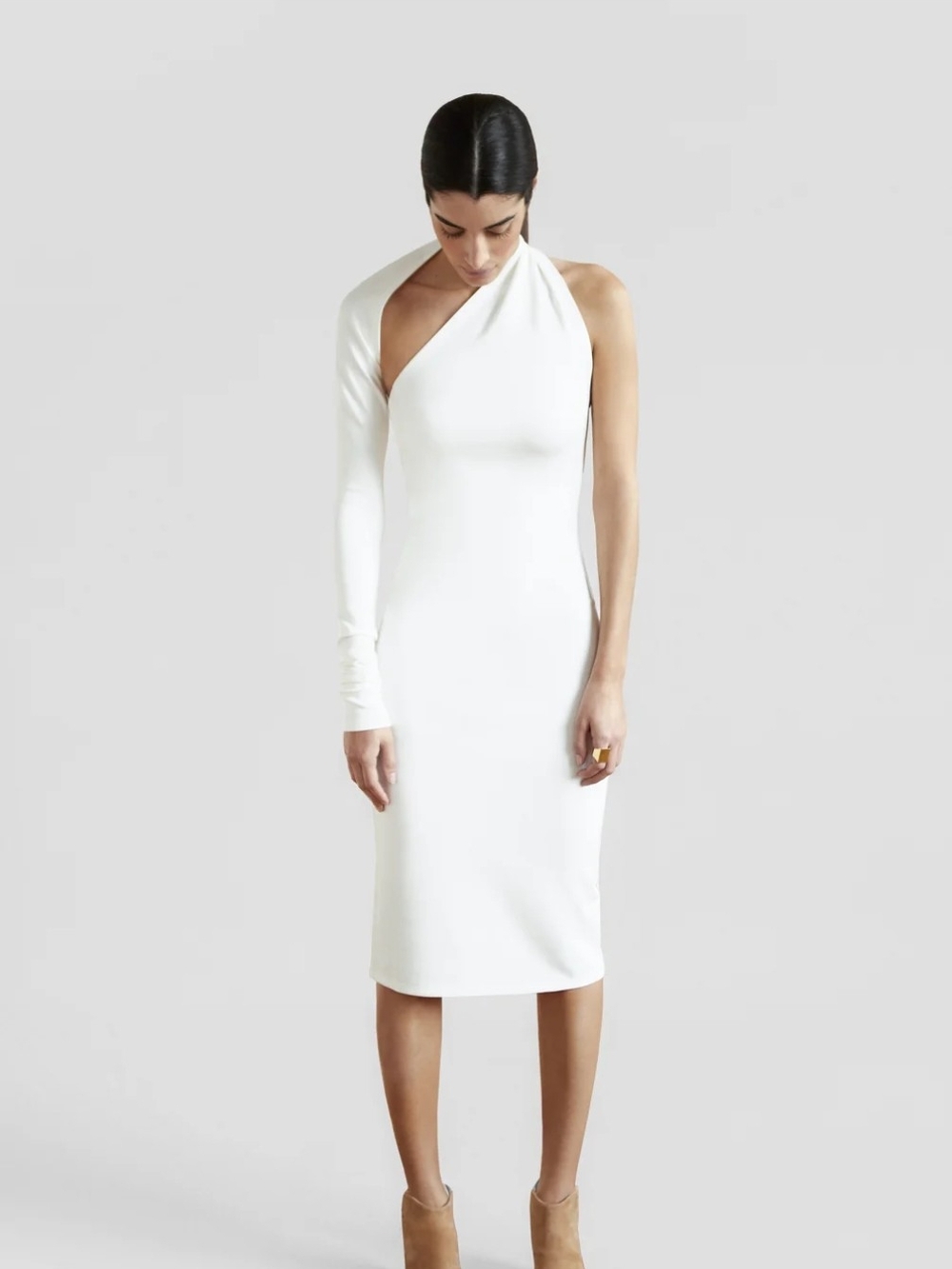 One-Shoulder White Midi Dress - Elegant Asymmetrical Design